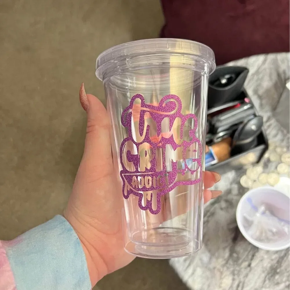 True Crime Addict 16oz Purple Glitter Clear Tumbler